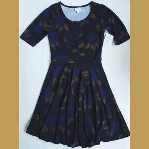 LuLaRoe NICOLE black w blue roses FIT FLARE Dress